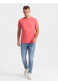 Ombre Clothing - T-shirt męski klasyczny bawełniany BASIC - różowy V11 OM-TSBS-0146 - M. Kolor: różowy. Materiał: bawełna. Styl: klasyczny