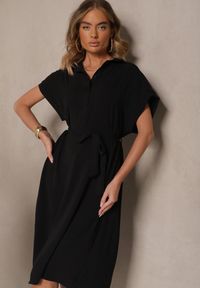 Renee - Czarna Pudełkowa Sukienka z Bawełną i Paskiem Savorienne. Okazja: na co dzień. Kolor: czarny. Materiał: bawełna. Styl: casual, elegancki