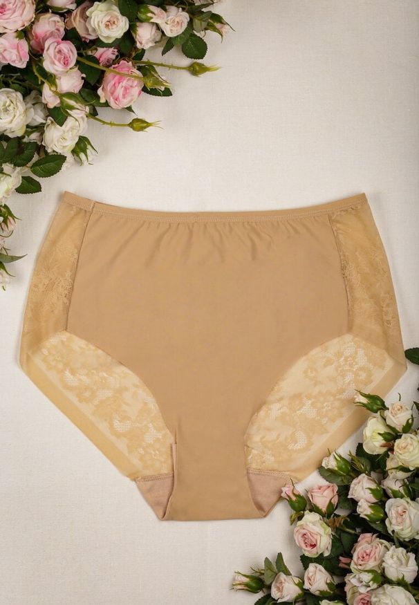 Renee - Ciemnobeżowe Majtki z Wysokim Stanem Ozdobione Koronką Chesen. Stan: podwyższony. Kolekcja: plus size. Kolor: beżowy. Materiał: koronka. Wzór: koronka, aplikacja