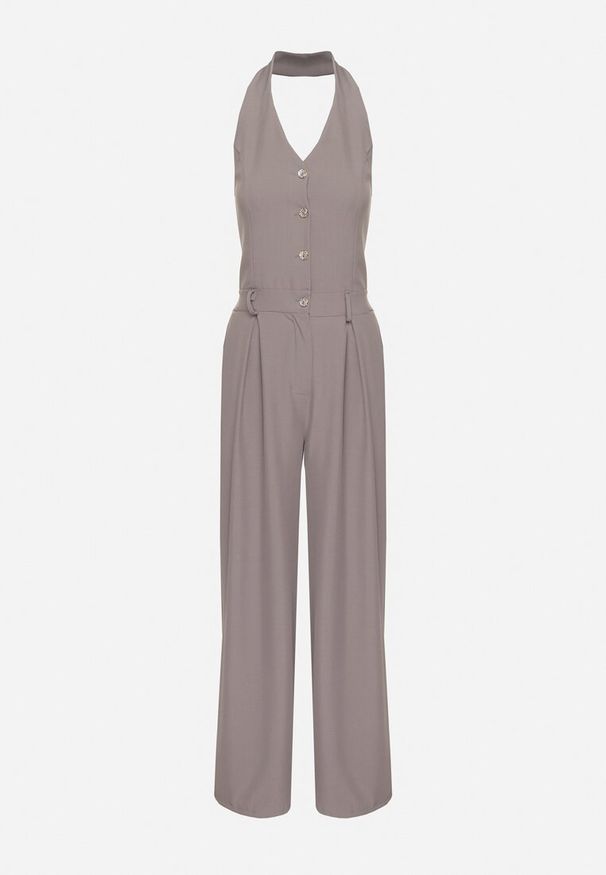 Born2be - Szary Kombinezon na Szyję Ozdobiony Guzikami Ellidell. Okazja: na imprezę, na co dzień. Kolor: szary. Długość: długie. Wzór: aplikacja. Styl: casual, klasyczny