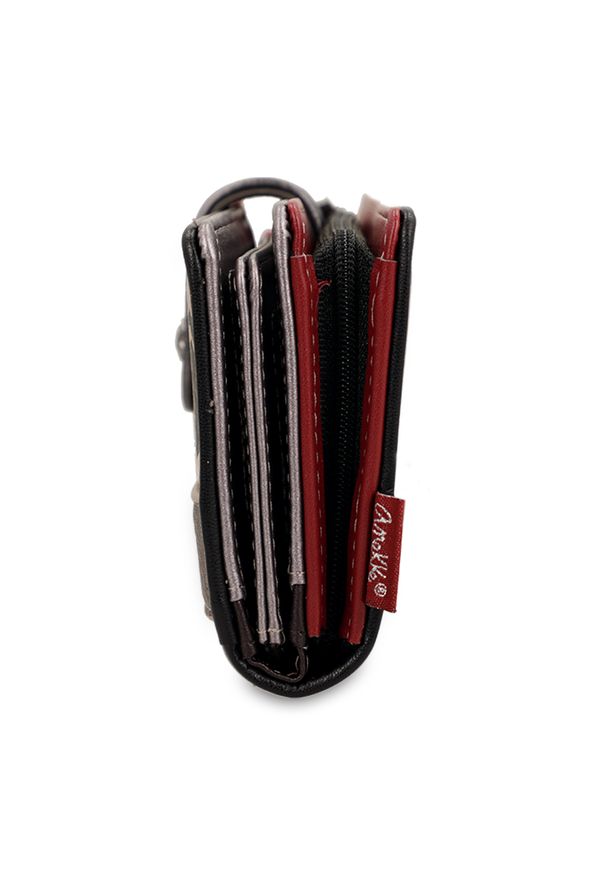 Portfel damski Anekke, duży bogato zdobiony z miejscem na zdjęcia na karty i na bilon, brązowy, 41809-901. Kolor: brązowy. Materiał: materiał. Wzór: aplikacja