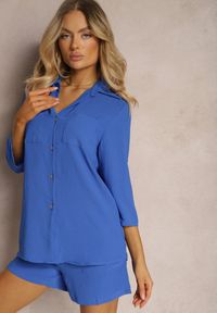 Renee - Granatowy 2-Cześciowy Komplet Rozpinana Koszula oraz Szorty Letoria. Kolor: niebieski. Materiał: tkanina