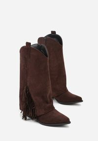 Renee - Brązowe Botki Kowbojki na Stożku Ozdobione Frędzlami Reielle. Kolor: brązowy. Materiał: jeans. Wzór: aplikacja. Obcas: na stożku. Styl: klasyczny. Wysokość obcasa: średni #7