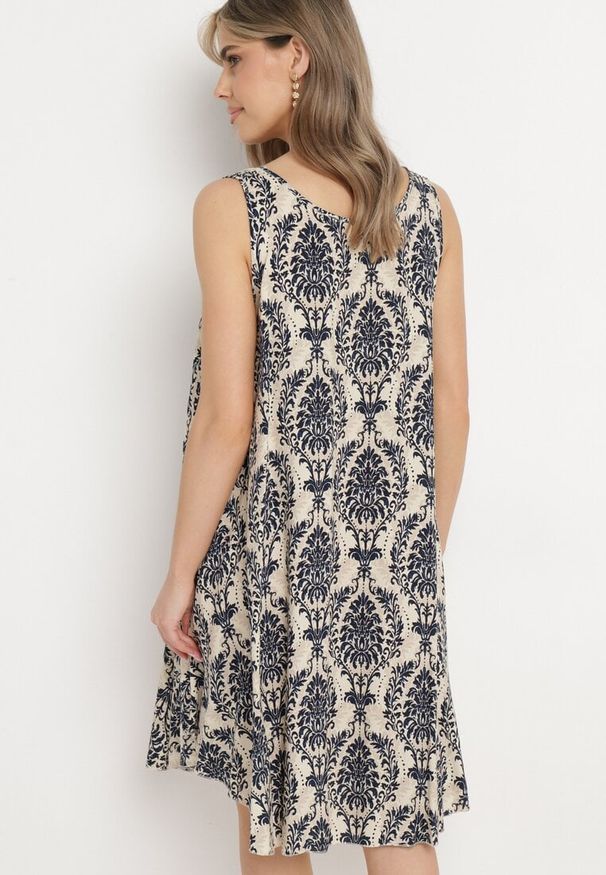 Born2be - Beżowo-Granatowa Rozkloszowana Sukienka z Bawełny bez Rękawów Horrilla. Kolor: beżowy. Materiał: bawełna. Długość rękawa: bez rękawów. Sezon: lato. Styl: boho