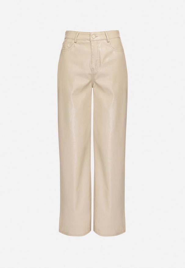 Born2be - Beżowe Spodnie o Szerokim Kroju z Wysokim Stanem z Ekoskóry Enadria. Okazja: na co dzień. Stan: podwyższony. Kolor: beżowy. Sezon: zima. Styl: casual, elegancki, klasyczny