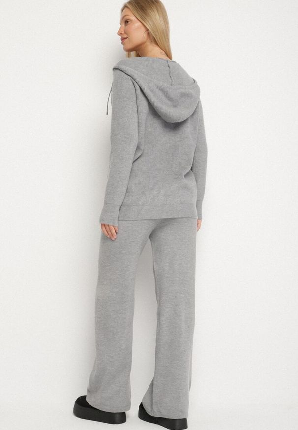 Born2be - Ciemnoszary Komplet Dzianinowy z Wełną Bluza z Kapturem i Szerokie Spodnie Otisela. Kolor: szary. Materiał: dzianina, wełna