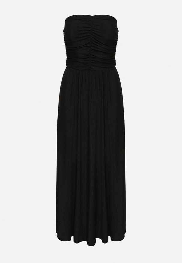 Born2be - Czarna Sukienka Koktajlowa Bandeau z Wiskozą Ozdobiona Marszczeniem Nalithae. Okazja: na co dzień. Kolor: czarny. Materiał: wiskoza. Wzór: aplikacja. Styl: wizytowy