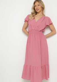 Born2be - Różowa Sukienka o Rozkloszowanym Kroju z Kopertowym Dekoltem i Gumką w Talii Reiliana. Okazja: na co dzień, na imprezę. Typ kołnierza: dekolt kopertowy. Kolor: różowy. Typ sukienki: kopertowe. Styl: casual, elegancki #4