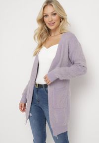 Born2be - Fioletowy Puszysty Kardigan Niezapinany Heliture. Kolekcja: plus size. Kolor: fioletowy. Materiał: dzianina. Długość rękawa: długi rękaw. Długość: długie