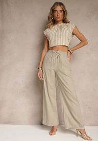 Renee - Beżowe Spodnie z Lnem o Szerokim Kroju z Gumką w Talii Filarive. Okazja: na co dzień. Kolor: beżowy. Materiał: len. Sezon: lato, wiosna. Styl: elegancki, casual #5