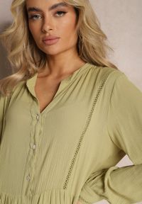 Renee - Zielona Rozkloszowana Sukienka Koszulowa Mini w Stylu Boho Binessa. Kolor: zielony. Typ sukienki: koszulowe. Styl: boho. Długość: mini #5