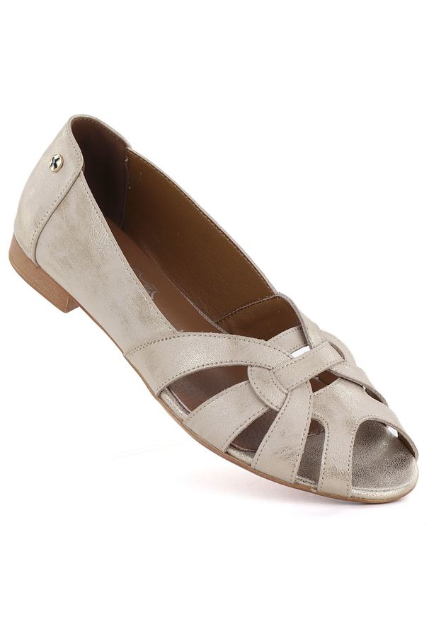 Skórzane baleriny damskie ażurowe komfortowe złote Gino Fabiani OL28-1. Kolor: złoty. Materiał: skóra. Wzór: ażurowy