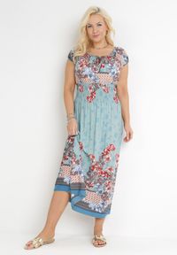 Born2be - Jasnoniebieska Sukienka Maxi Hiszpanka z Gumkami w Talii z Bawełny Doreyana. Typ kołnierza: dekolt hiszpanka. Kolor: niebieski. Materiał: bawełna. Sezon: lato, wiosna. Długość: maxi #4