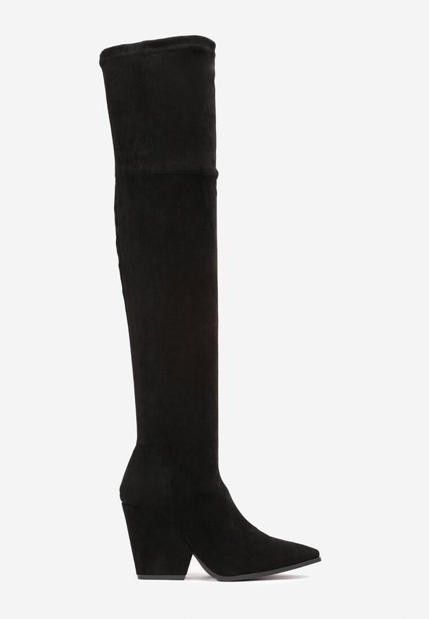 Renee - Czarne Kozaki na Stożku za Kolano ze Szpiczastym Noskiem Nudra. Wysokość cholewki: za kolano. Nosek buta: szpiczasty. Kolor: czarny. Obcas: na stożku