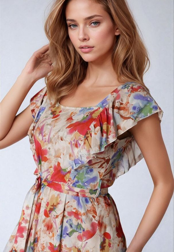 Born2be - Beżowo-Różowa Wiskozowa Sukienka w Kwiaty na Ramiączkach z Falbanką i Materiałowym Paskiem Moemia. Okazja: na ślub cywilny, na co dzień, na imprezę, na wesele. Typ kołnierza: kołnierz z falbankami, dekolt kwadratowy. Kolor: beżowy. Materiał: materiał, wiskoza. Długość rękawa: na ramiączkach. Wzór: kwiaty. Styl: casual, elegancki