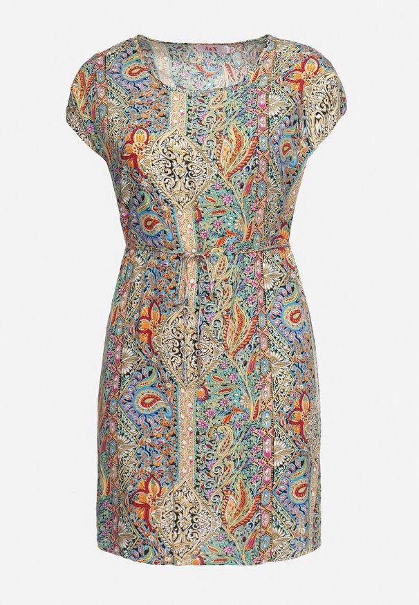 Born2be - Zielono-Beżowa Wiskozowa Sukienka w Stylu Boho o Pudełkowym Kroju z Materiałowym Paskiem Neteri. Okazja: na co dzień. Kolor: zielony. Materiał: wiskoza, materiał. Styl: boho