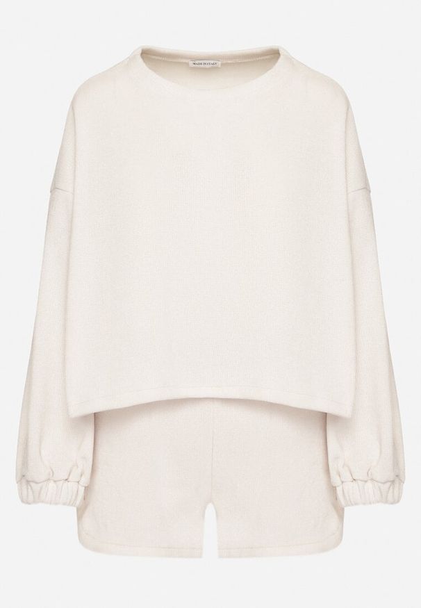 Born2be - Jasnobeżowy Dzianinowy Komplet Bluza i Szorty Novanisa. Kolor: beżowy. Materiał: dzianina