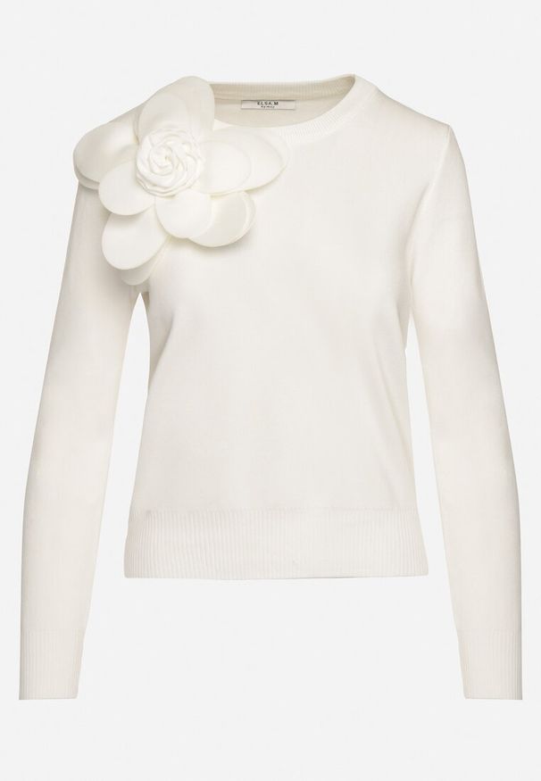 Born2be - Biały Sweter z Wiskozą Ozdobiony Kwiatową Aplikacją 3D Wykończony Ściągaczami Eviyania. Okazja: na co dzień. Kolor: biały. Materiał: wiskoza. Długość rękawa: długi rękaw. Długość: długie. Wzór: aplikacja, kwiaty. Styl: casual, elegancki, klasyczny