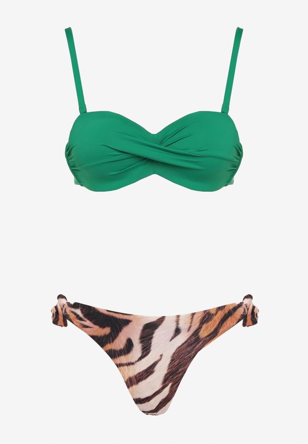 Renee - Ciemnozielone Bikini 2 Pary Majtek Typu Figi i Biustonosz Wiązany na Plecach Galanoria. Kolor: zielony. Wzór: aplikacja
