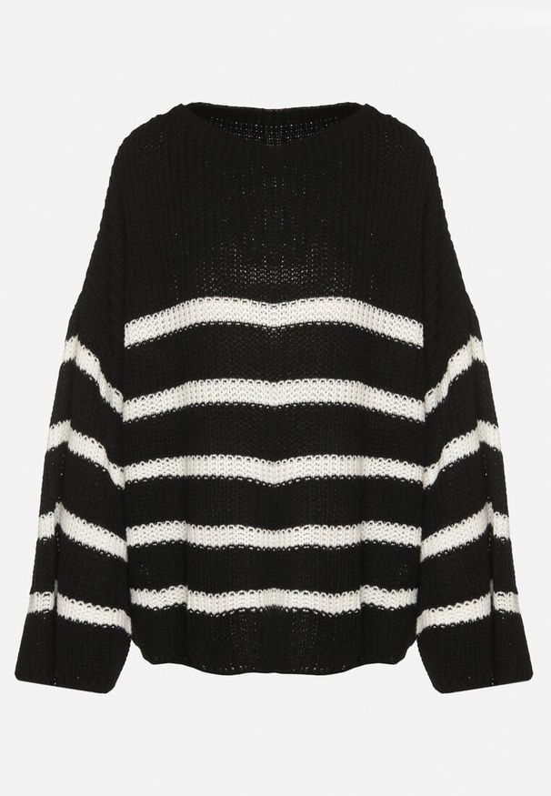 Born2be - Czarny Dzianinowy Sweter z Długimi Szerokimi Rękawami w Pasy Samsoni. Kolor: czarny. Materiał: dzianina. Długość: długie