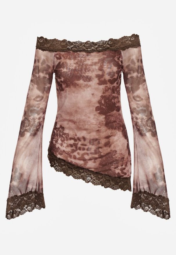 Renee - Brązowa Bluzka Siateczkowa Typu Hiszpanka z Bawełną i Wiskozą z Koronką Nurriva. Okazja: na co dzień. Typ kołnierza: dekolt hiszpanka. Kolor: brązowy. Materiał: wiskoza, bawełna, koronka. Wzór: koronka. Styl: casual