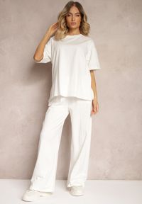 Renee - Biały Komplet z Bawełny Proste Szerokie Spodnie z Gumką w Pasie Bluzka z Rozcięciami Vimarases. Kolor: biały. Materiał: bawełna. Wzór: aplikacja #5