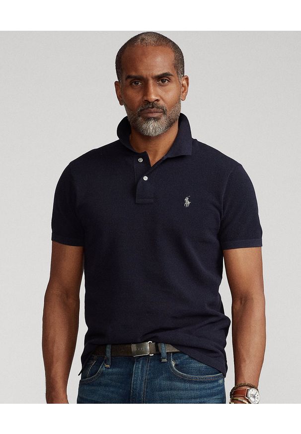 Ralph Lauren - RALPH LAUREN - Granatowa koszulka polo Luxe Knit Custom Fit. Typ kołnierza: polo. Kolor: niebieski. Materiał: dzianina, prążkowany. Długość: długie. Wzór: haft, ze splotem