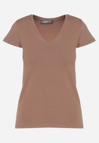 Born2be - Brązowy T-shirt z Bawełny z Dekoltem w Serek Liniviela. Okazja: na co dzień. Typ kołnierza: dekolt w serek. Kolor: brązowy. Materiał: bawełna. Styl: casual #6