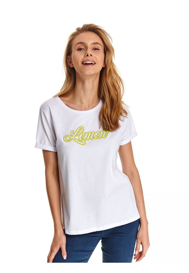 TOP SECRET - T-shirt z neonowym napisem. Kolor: biały. Materiał: bawełna. Długość rękawa: krótki rękaw. Długość: krótkie. Wzór: napisy. Sezon: lato. Styl: klasyczny