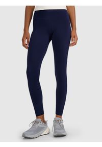 4f - 4F Legginsy treningowe szybkoschnące damskie - granatowe L. Stan: podwyższony. Kolor: niebieski. Materiał: włókno, elastan, dzianina, materiał, syntetyk. Wzór: gładki, ze splotem. Sport: fitness