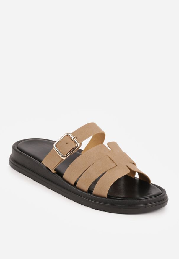 Born2be - Ciemnobeżowe Klapki z Przeplatanymi Paskami i Klamrą Ravelya. Okazja: na co dzień, na spacer. Kolor: beżowy. Materiał: jeans. Sezon: lato. Styl: boho, casual, klasyczny