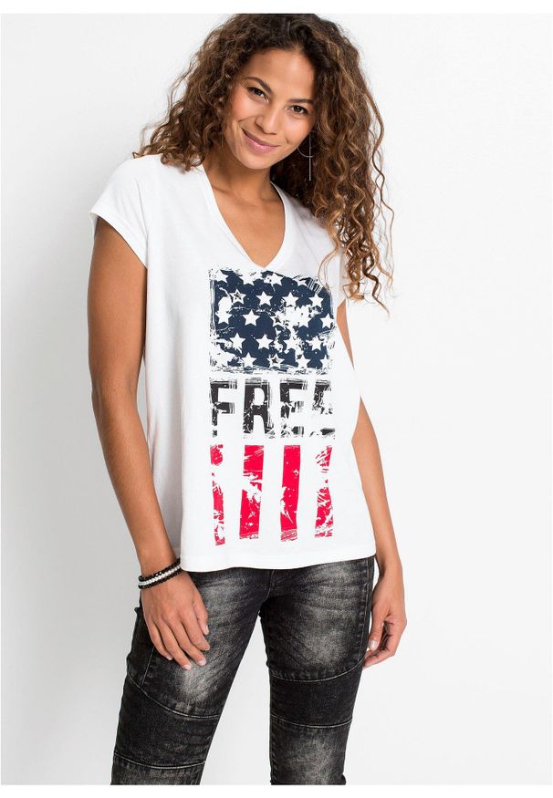 bonprix - T-shirt z czystej bawełny. Kolor: biały. Materiał: bawełna. Długość rękawa: krótki rękaw. Długość: krótkie. Wzór: nadruk