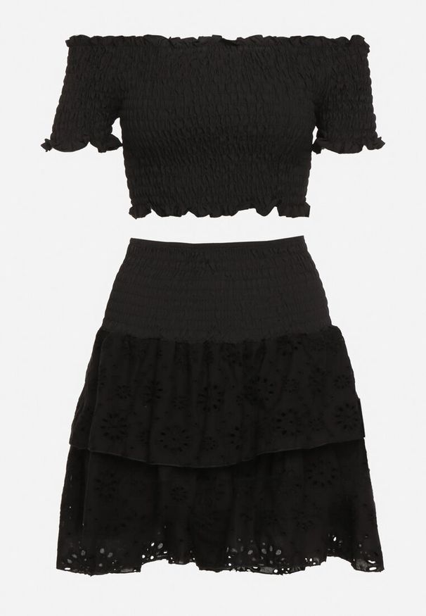 Born2be - Czarny Bawełniany Komplet Krótki Top Typu Hiszpanka Spódnica Ażurowa z Gumką w Pasie Vimabelle. Kolor: czarny. Materiał: bawełna. Wzór: ażurowy