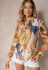 Renee - Beżowo-Granatowa Koszula o Klasycznym Fasonie w Abstrakcyjny Wzór Ratevia. Kolor: beżowy. Styl: klasyczny #3