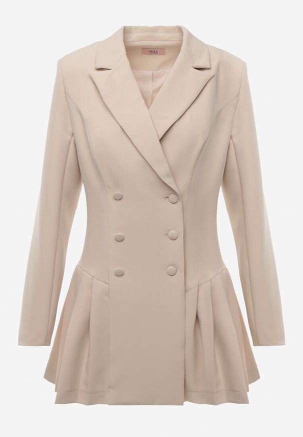 Renee - Beżowa Rozkloszowana Sukienka Marynarka VICES z Usztywnianymi Ramionami Ilarita. Okazja: do pracy, na spotkanie biznesowe. Kolor: beżowy. Styl: biznesowy