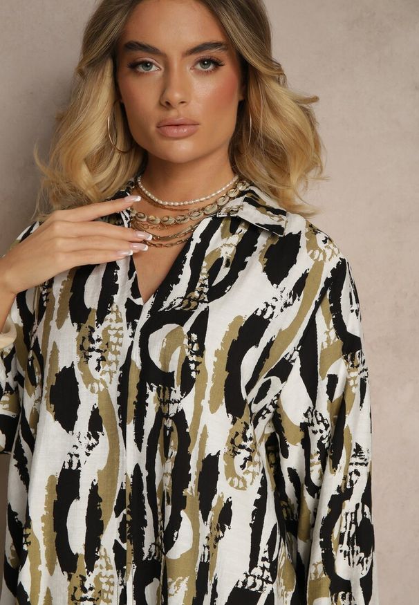 Renee - Czarno-Beżowy Komplet z Wiskozą Bluzka o Koszulowym Kroju i Szerokie Spodnie Sariliana. Kolor: czarny. Materiał: wiskoza