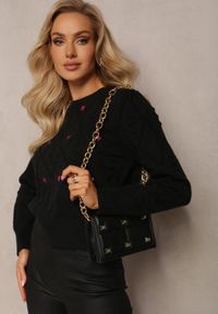 Renee - Czarny Klasyczny Sweter ze Ściągaczami i Ozdobnymi Haftami Reani. Okazja: na co dzień. Kolor: czarny. Materiał: jeans. Wzór: haft. Styl: klasyczny #5