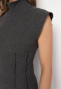 Born2be - Ciemnoszara Sukienka z Prążkowanej Dzianiny o Taliowanym Kroju z Półgolfem Ivarinae. Okazja: na co dzień, na spotkanie biznesowe. Kolor: szary. Materiał: prążkowany, dzianina. Długość rękawa: bez rękawów. Styl: biznesowy, casual, elegancki #7