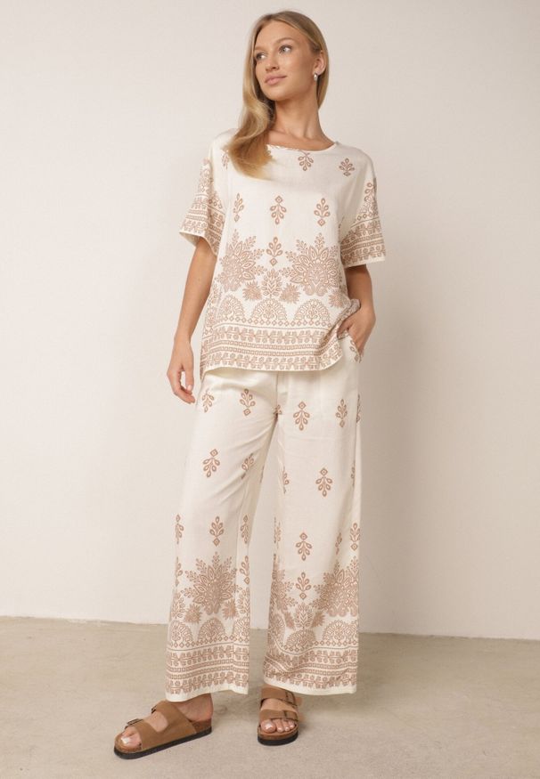 Born2be - Beżowy Komplet Wiskozowy Szerokie Spodnie i Luźna Bluzka z Nadrukiem Paisley Thela. Kolekcja: plus size. Kolor: beżowy. Materiał: wiskoza. Wzór: nadruk, paisley