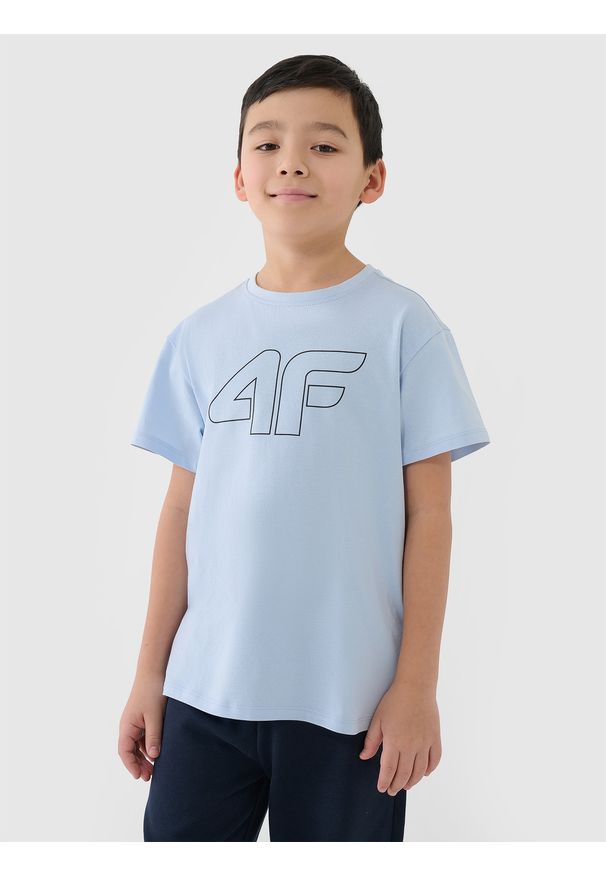 4f - 4F T-shirt oversize z nadrukiem chłopięcy - niebieski 158 (12-13 lat). Okazja: na co dzień. Kolor: niebieski. Materiał: dzianina, bawełna, jersey. Długość rękawa: krótki rękaw. Długość: krótkie. Wzór: nadruk. Sezon: lato. Styl: klasyczny, sportowy, casual