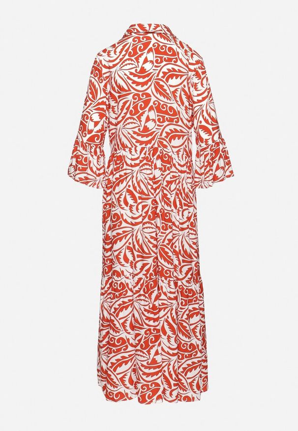 Born2be - Pomarańczowo-Biała Rozkloszowana Sukienka Maxi z Falbanką i Botanicznym Wzorem Maticia. Kolor: pomarańczowy. Wzór: nadruk. Sezon: lato. Długość: maxi