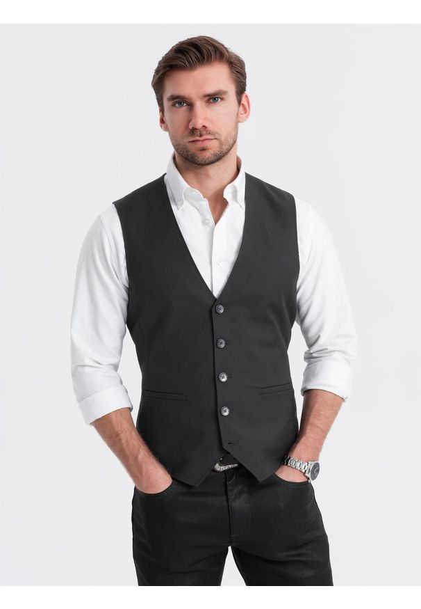 Ombre Clothing - Męska dopasowana kamizelka z rayonem i marmurkowymi guzikami – czarna V4 - Rozmiar: S. Kolor: czarny. Materiał: tkanina, poliester. Wzór: jednolity, gładki. Styl: elegancki