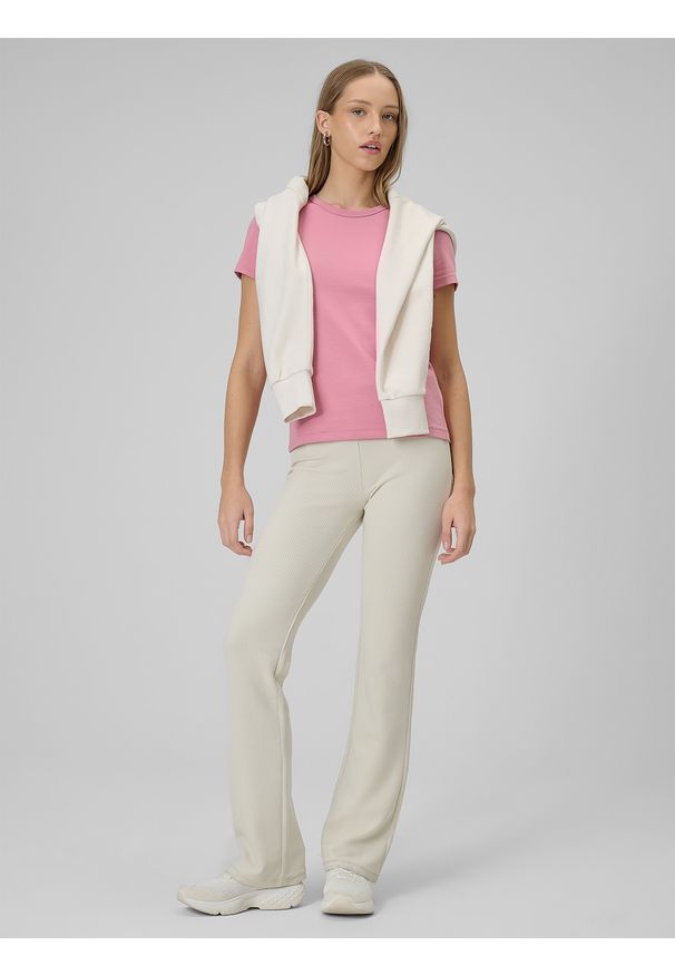 4f - 4F T-shirt slim gładki damski - różowy S. Okazja: na co dzień. Kolor: różowy. Materiał: bawełna, materiał. Długość: długie. Wzór: gładki. Styl: klasyczny, casual