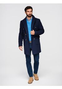 Ombre Clothing - Dwurzędowy męski płaszcz z ozdobnymi guzikami – indygo V1 - Rozmiar: XL. Typ kołnierza: kołnierz rewers. Materiał: poliester, materiał. Długość: długie. Styl: elegancki, klasyczny, wizytowy