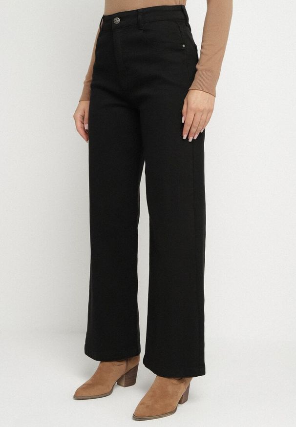 Born2be - Czarne Szerokie Jeansy z Bawełny z Wysokim Stanem Lediane. Okazja: na co dzień. Stan: podwyższony. Kolor: czarny. Wzór: paski. Styl: casual, elegancki