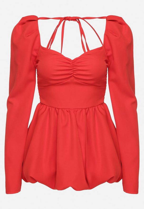 Born2be - Czerwona Rozkloszowana Sukienka Bombka z Wiązaniem na Plecach Poltewin. Okazja: na wesele, na imprezę, na co dzień, na ślub cywilny. Typ kołnierza: kokarda, dekolt kwadratowy. Kolor: czerwony. Typ sukienki: bombki. Styl: elegancki, casual, klasyczny