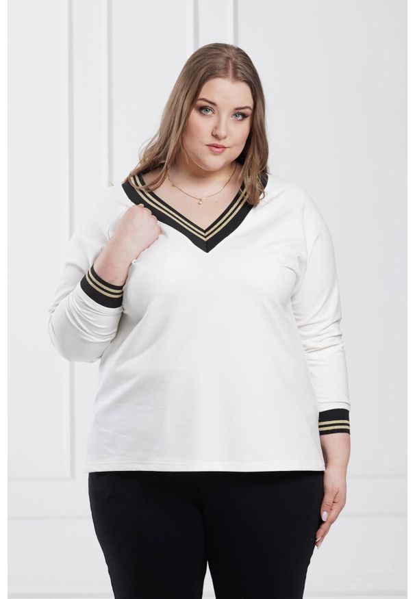 Moda Size Plus Iwanek - Dresowa bluza Estera z lampasami na codzień XXL PLUS SIZE. Typ kołnierza: dekolt w kształcie V. Kolekcja: plus size. Materiał: dresówka. Długość: krótkie. Sezon: lato. Styl: elegancki