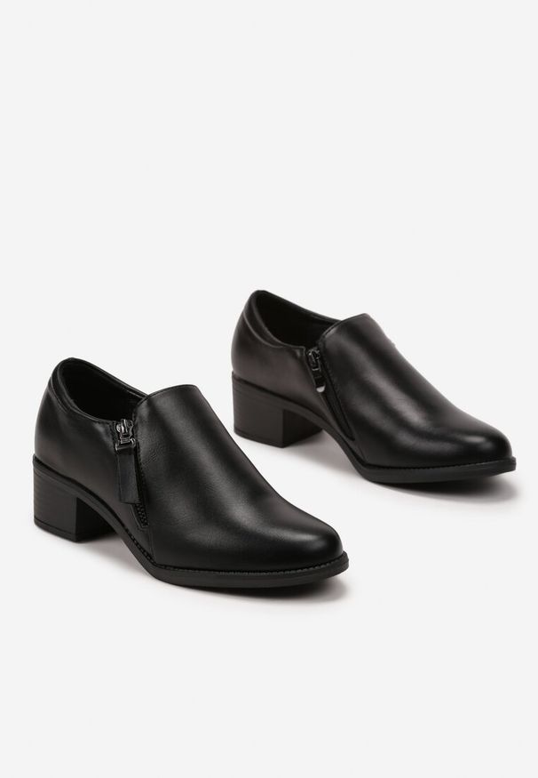 Born2be - Czarne Półbuty na Słupku z Suwakiem Oventtia. Kolor: czarny. Materiał: jeans. Obcas: na słupku. Styl: elegancki. Wysokość obcasa: średni