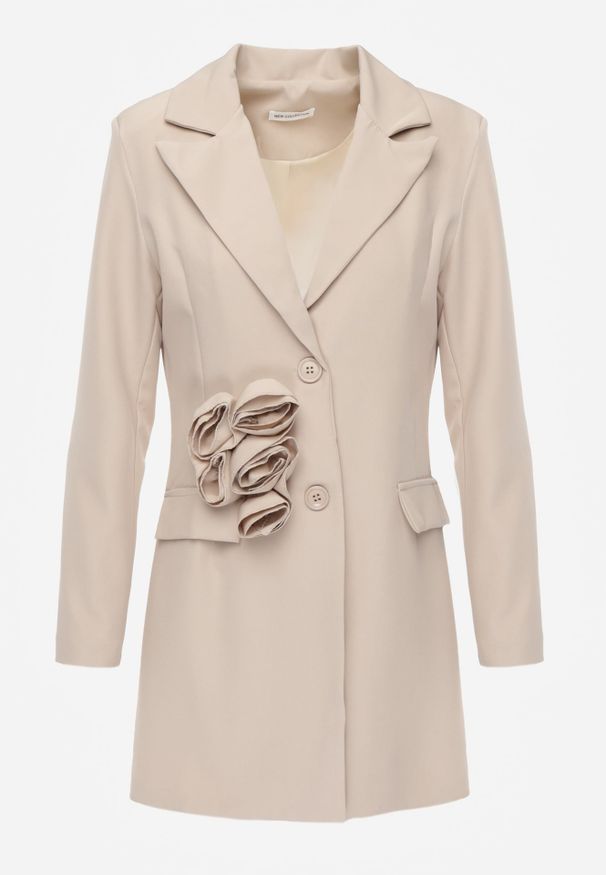 Renee - Ciemnobeżowa Sukienka w Stylu Marynarki z Usztywnionymi Ramionami Ozdobiona Kwiatami 3D Nelorien. Okazja: na co dzień. Kolor: beżowy. Wzór: kwiaty, aplikacja. Styl: casual, elegancki