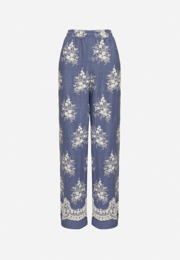 Born2be - Niebieskie Szerokie Spodnie z Lnem Bawełną i Wysokim Stanem w Kwiaty Dannesa. Okazja: na co dzień. Stan: podwyższony. Kolor: niebieski. Materiał: bawełna, len. Wzór: kwiaty. Styl: casual, klasyczny